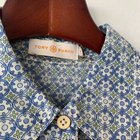 Tory Burch Button Down Brigette Blue Logo Print - Picture 3 of 5